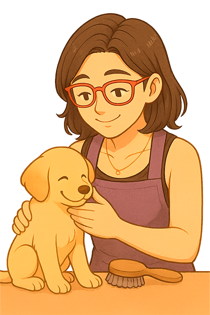 Toiletteuse et chiot complice